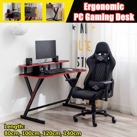 2 Tier Ergonomic Gaming Desk Computer Desk Students Writing Laptop Black Desktop Shelf Workstation for Home/Office 3 Size